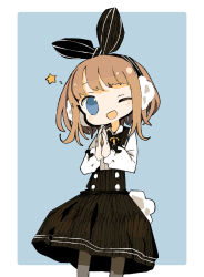 Rule 34 | 1girl, ;d, black bow, black bowtie, black pantyhose, black skirt, blue background, blue eyes, blunt bangs, blush stickers, border, bow, bowtie, brown hair, collared shirt, cowboy shot, earmuffs, hair bow, hands up, head tilt, high-waist skirt, long sleeves, looking at viewer, no nose, no pupils, one eye closed, open mouth, original, outside border, own hands together, palms together, pantyhose, puffy long sleeves, puffy sleeves, rabbit tail, rounded corners, shirt, shirt tucked in, short hair, simple background, skirt, sleeve bow, smile, solo, standing, star (symbol), striped, striped bow, swept bangs, tail, vertical stripes, white border, white shirt, wing collar, yukihi, yukihi-chan
