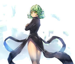 Rule 34 | 1girl, bow (bhp), crossed arms, curly hair, dress, frown, green eyes, green hair, matching hair/eyes, one-punch man, solo, standing, tatsumaki, thighs