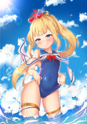 Rule 34 | 1girl, bare shoulders, blonde hair, blue one-piece swimsuit, blue sky, blush, breasts, cagliostro (granblue fantasy), cagliostro (summer) (granblue fantasy), closed mouth, clothes pull, covered navel, eyewear on head, flower, frontal wedgie, granblue fantasy, hair flower, hair ornament, heart, heart-shaped eyewear, highleg, highleg swimsuit, highres, lens flare, licking, long hair, looking at viewer, ocean, one-piece swimsuit, one-piece swimsuit pull, ponytail, purple eyes, sailor collar, sky, smile, solo, sunglasses, sunlight, swimsuit, thigh strap, thighs, tiguruvurumudo vuorun, wading, water, wedgie