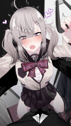 Rule 34 | 1boy, 1girl, absurdres, ahoge, blush, breasts, censored, clothed sex, drooling, eyes visible through hair, grey hair, hair ornament, hair over one eye, happa freee, hetero, highres, long hair, medium breasts, mole, mole under eye, nijisanji, open mouth, penis, purple eyes, saliva, sex, solo focus, standing, standing missionary, standing sex, sukoya kana, sweat, twintails, vaginal, virtual youtuber, x hair ornament