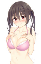 Rule 34 | 1girl, bare arms, bare shoulders, blush, bra, breasts, brown hair, cleavage, closed mouth, collarbone, fingernails, hair between eyes, hands on own chest, highres, large breasts, looking at viewer, mikazuchi zeus, navel, original, pink bra, red eyes, short twintails, simple background, smile, solo, stomach, twintails, underwear, underwear only, upper body