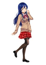Rule 34 | 1girl, absurdres, black footwear, blue hair, bow, bowtie, brown cardigan, brown eyes, brown pantyhose, cardigan, collared shirt, full body, highres, loafers, long hair, long sleeves, looking at viewer, love live!, love live! school idol festival, love live! school idol project, miniskirt, nakonako, open mouth, pantyhose, plaid, plaid skirt, pleated skirt, red bow, red bowtie, red skirt, school uniform, shirt, shoes, simple background, skirt, solo, sonoda umi, standing, standing on one leg, very long hair, white background, white shirt, wing collar