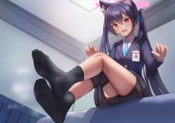 Rule 34 | 1girl, absurdres, animal ear fluff, animal ears, bad id, bad pixiv id, barefoot, black hair, blazer, blue archive, cat ears, collared shirt, earpiece, fang, feet, foreshortening, hair ribbon, highres, jacket, legs, long hair, miniskirt, necktie, panties, red eyes, ribbon, serika (blue archive), shirt, short shorts, shorts, skirt, smell, socks, soles, solo, steaming body, taichi suzuki, thighs, toes, twintails, two-tone gloves, underwear