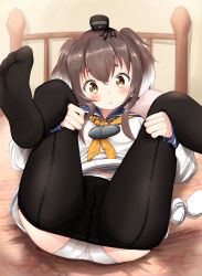 Rule 34 | 1girl, :o, anchor symbol, ass, bed, blush, brown eyes, brown hair, chain, clothes pull, commentary request, feet, gradient hair, hair between eyes, hair ribbon, head tilt, highres, kantai collection, leg hold, long sleeves, looking at viewer, mochiyuki, multicolored hair, neckerchief, no shoes, on bed, panties, panties under pantyhose, pantyhose, pantyhose pull, parted lips, ribbon, school uniform, serafuku, shirt, short hair with long locks, smokestack, solo, thick eyebrows, tied shirt, tokitsukaze (kancolle), underwear, white hair, white panties, white shirt, yellow neckerchief