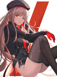 Rule 34 | 1girl, absurdres, beret, black gloves, black headwear, black jacket, black shirt, black thighhighs, breasts, closed mouth, cropped jacket, darkhawkayin, gloves, goddess of victory: nikke, hat, highres, jacket, light brown hair, long hair, looking at viewer, medium breasts, necktie, orange eyes, rapi (nikke), red gloves, red jacket, red necktie, shirt, sitting, smile, solo, thighhighs, two-sided fabric, two-sided jacket, two-tone gloves