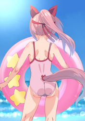 Rule 34 | 1girl, animal ears, ass, back, bare shoulders, blue background, blue sky, bow, butt crack, casual one-piece swimsuit, cloud, commentary request, cowboy shot, day, facing away, from behind, gradient background, hair ribbon, haru urara (umamusume), highres, holding, holding swim ring, horizon, horse ears, horse girl, horse tail, innertube, kneepits, long hair, mons pubis, one-piece swimsuit, outdoors, pink hair, pink one-piece swimsuit, red ribbon, ribbon, saeki tatsuya, shoulder blades, simple background, sky, sleeveless, solo, standing, star (symbol), swim ring, swimsuit, tail, umamusume, very long hair, water