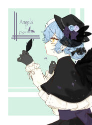 Rule 34 | 1girl, absurdres, angela (project moon), black capelet, black gloves, black headwear, black skirt, black wings, blue hair, capelet, cross, cross earrings, e.g.o (project moon), earrings, fascinator, feathers, gloves, hair bun, highres, holding, holding feather, jewelry, library of ruina, long sleeves, plague doctor (project moon), project moon, relele, shirt, skirt, solo, upper body, white shirt, wings, yellow eyes