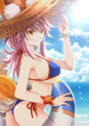Rule 34 | 10s, 1girl, animal ears, bad id, bad pixiv id, bikini, blue bikini, breasts, day, ears through headwear, fate/extra, fate/extra ccc, fate/grand order, fate (series), fox ears, fox tail, hat, highres, iroha (shiki), large breasts, long hair, looking at viewer, ocean, outdoors, pink hair, sideboob, solo, swimsuit, tail, tamamo (fate), tamamo no mae (fate/extra), tamamo no mae (swimsuit lancer) (fate), yellow eyes