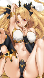 Rule 34 | 2girls, arm up, armlet, armpits, black bow, black panties, black thighhighs, blonde hair, blush, bow, breasts, cosplay, costume switch, dakimakura (medium), earrings, ereshkigal (fate), fate/grand order, fate (series), gold trim, hair bow, highres, hoop earrings, jewelry, large breasts, long hair, looking at viewer, lying, multiple girls, navel, neck ring, on back, panties, red eyes, siblings, single thighhigh, sisters, solo focus, thighhighs, tony guisado, two side up, underwear