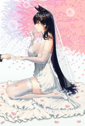 Rule 34 | 1girl, animal ears, atago (azur lane), atago (lily-white vow) (azur lane), azur lane, bare shoulders, breasts, bridal veil, bride, brown eyes, brown hair, closed mouth, crying, crying with eyes open, dress, elbow gloves, extra ears, falling petals, from side, gloves, gt-apex, hand up, high heels, highres, jewelry, lace, lace-trimmed legwear, lace trim, large breasts, long hair, petals, ring, seiza, sideboob, sitting, swept bangs, tears, thighhighs, thighs, veil, wedding dress, white dress, white footwear, white heels