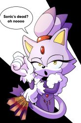 Rule 34 | 1girl, absurdres, animal ears, blaze the cat, cat ears, cat girl, cat tail, dress, eyelashes, feather boa, forehead jewel, fur-trimmed gloves, fur trim, furry, furry female, gloves, hand fan, highres, novika, open mouth, ponytail, purple dress, purple fur, sonic (series), speech bubble, tail, the murder of sonic the hedgehog, white gloves, yellow eyes