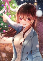 Rule 34 | 1girl, absurdres, blush, breasts, breath, brown hair, christmas, christmas tree, coat, highres, long hair, looking at viewer, nagi (pickles pipipi), night, night sky, open mouth, original, pointing, sky, smile, solo, winter clothes