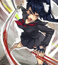 Rule 34 | 1girl, angry, blood, blue hair, breasts, fingerless gloves, gloves, hitowa, katana, large breasts, long hair, red eyes, skirt, solo, sword, weapon