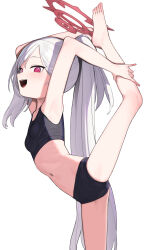 Rule 34 | 1girl, armpits, barefoot, black buruma, black sports bra, blue archive, buruma, feet, halo, highres, long hair, looking at viewer, looking to the side, mutsuki (blue archive), navel, open mouth, ponytail, red eyes, signalviolet, simple background, solo, split, sports bra, standing, standing on one leg, standing split, teeth, upper teeth only, very long hair, white background