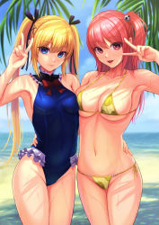 Rule 34 | 2girls, :d, beach, bikini, black ribbon, blonde hair, blue eyes, blue one-piece swimsuit, blush, bow, bowtie, breasts, cleavage, closed mouth, collarbone, covered navel, cowboy shot, day, dead or alive, female focus, hair ribbon, halterneck, hand on another&#039;s hip, highres, honoka (doa), itsuki kunihiro, large breasts, long hair, looking at viewer, marie rose, multiple girls, navel, ocean, one-piece swimsuit, open mouth, outdoors, pink hair, red bow, red eyes, red neckwear, ribbon, side-tie bikini bottom, side ponytail, sideboob, smile, standing, summer, swimsuit, twintails, underboob, v, very long hair, yellow bikini