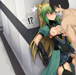Rule 34 | !?, 1boy, 1girl, against wall, ahoge, animal ears, atalanta (fate), black gloves, black hair, black thighhighs, blonde hair, blush, breasts, clothes pull, command spell, dress pull, elbow gloves, faceless, faceless male, fate/apocrypha, fate/grand order, fate (series), fujimaru ritsuka (male), garter belt, gloves, green eyes, green hair, hair between eyes, hetero, highres, motion lines, nipple stimulation, nipple tweak, nipples, penis, penis under another&#039;s clothes, small big dot, small breasts, stealth sex, sunnywang03, thighhighs, uncensored, veins, veiny penis