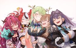 5girls absurdres ahoge animal_ear_fluff animal_ears antlers asymmetrical_bangs black_gloves black_stripes blue_hair bow bowtie braid braided_bangs breasts bridal_gauntlets brooch brown_cloak brown_hair ceres_fauna ceres_fauna_(1st_costume) chain chain_hairband cleavage cleavage_cutout cloak closed_eyes clothes_writing clothing_cutout collar commentary corset crop_top crystal_wings dark_blue_hair detached_sleeves diamond-shaped_brooch dice_hair_ornament double-parted_bangs dress earrings feather_hair_ornament feathers flower framed_breasts gloves green_hair grin hair_flower hair_intakes hair_ornament hairclip hakos_baelz hakos_baelz_(1st_costume) halo happy heart heart_brooch high_collar high_ponytail highres holocouncil hololive hololive_english hood hood_down hooded_cloak horns hug irys_(hololive) irys_(irys_2.0)_(hololive) jewelry juliet_sleeves key key_necklace large_breasts long_hair long_sleeves medium_breasts midriff mouse_ears mouse_girl mousetrap multicolored_clothes multicolored_dress multicolored_hair multiple_girls nanashi_mumei nanashi_mumei_(1st_costume) navel necklace open_mouth ouro_kronii ouro_kronii_(1st_costume) pinstripe_pattern pinstripe_shirt pointy_ears puffy_sleeves purple_hair red_hair shirt short_hair short_twintails simple_background single_bridal_gauntlet sleeves_rolled_up smile spiked_collar spikes star_halo streaked_hair taiu tree_horns turtleneck turtleneck_shirt twintails upper_body veil virtual_youtuber white_background white_hair white_veil wide_sleeves