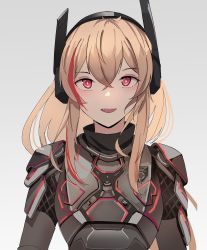 Rule 34 | 1girl, :d, absurdres, armor, blonde hair, bright pupils, commentary, commission, crossed bangs, english commentary, gar32, girls&#039; frontline, grey background, hair between eyes, headgear, highres, long hair, looking at viewer, m4 sopmod ii (girls&#039; frontline), multicolored hair, open mouth, red eyes, simple background, smile, solo, streaked hair, upper body, white pupils
