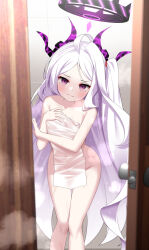Rule 34 | 1girl, absurdres, ahoge, bare shoulders, blue archive, blush, collarbone, covering privates, demon horns, halo, highres, hina (blue archive), holding, holding towel, horns, long hair, looking at viewer, nude cover, otakummm, parted bangs, purple eyes, solo, steam, towel, wet, white hair, white towel