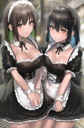 Rule 34 | 2girls, absurdres, ahoge, apron, artist name, black bow, black choker, black dress, black hair, blue hair, blue nails, blurry, blurry background, blush, borrowed character, bow, breasts, brown eyes, brown hair, choker, colored inner hair, commentary, corset, cowboy shot, cross, cross earrings, detached collar, dress, earrings, english commentary, green hair, hair between eyes, hair bow, hand on own hip, highres, irene (kanniiepan), jewelry, kanniiepan, large breasts, looking at viewer, maid, maid headdress, medium hair, miru (ormille), mole, mole on breast, mole under eye, multicolored hair, multiple girls, nail polish, original, own hands together, parted lips, puffy short sleeves, puffy sleeves, short sleeves, sidelocks, smile, standing, two-tone hair, white apron, wrist cuffs