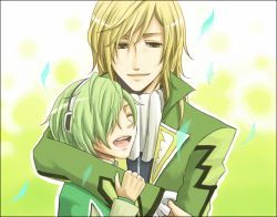 Rule 34 | 2boys, blonde hair, capelet, coat, ascot, closed eyes, frills, green hair, hair over one eye, hairband, lambda, long hair, multiple boys, open mouth, richard (tales), short hair, smile, tales of (series), tales of graces, yellow eyes