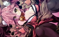 Rule 34 | 1girl, animal ear fluff, animal ears, animal hands, bell, black thighhighs, blush, breasts, cat paws, cleavage, closed eyes, collar, commentary, commentary request, fang, fate/grand order, fate (series), fox ears, fox girl, fox tail, gloves, hair ribbon, jingle bell, large breasts, long hair, looking at viewer, neck bell, paw gloves, pink hair, ponytail, rakkogawa rinro, red ribbon, ribbon, solo, spread legs, tail, tamamo (fate), tamamo cat (fate), tamamo cat (first ascension) (fate), thighhighs, yellow eyes