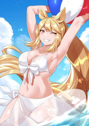 1girl absurdly_long_hair absurdres animal_ears armpits arms_up ball beachball bikini blonde_hair blue_sky bow bow_bikini breasts commentary_request cowboy_shot day eyebrows_hidden_by_hair grin high_ponytail highres holding holding_ball holding_beachball kawanami_eito kemono_friends large_breasts long_hair medium_bangs navel one_eye_closed outdoors parted_bangs rhinoceros_ears sarong see-through see-through_sarong sky smile solo stomach swimsuit tail very_long_hair water white_bikini white_bow white_rhinoceros_(kemono_friends) white_sarong yellow_eyes
