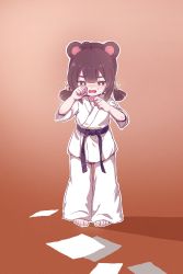 Rule 34 | 1girl, absurdres, animal ears, barefoot, bell, belt, black belt, blush, brown hair, child, chinese commentary, clenched hands, commentary request, crying, dougi, hair bell, hair between eyes, hair ornament, half-closed eyes, hands up, highres, karate, karate gi, kuma-bound, nose blush, open mouth, orange background, original, pants, paper, red eyes, short sleeves, short twintails, solo, standing, toes, twintails, white pants