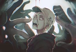 Rule 34 | 1boy, baseball cap, blonde hair, blood, blood drip, blood on face, body horror, choujin x, deformed, hat, hood, hoodie, hzi4h9, monster, open mouth, red eyes, shiozaki tezuya (choujin x), signature, surrounded, surrounded by hands, twitter username, white background