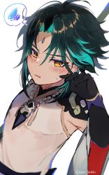 Rule 34 | 1boy, ahoge, aqua hair, azna, bead necklace, beads, black gloves, black hair, blush, facial mark, forehead mark, genshin impact, gloves, gradient hair, highres, jewelry, male focus, multicolored hair, necklace, parted lips, simple background, solo, spoken squiggle, squiggle, tassel, twitter username, upper body, white background, xiao (genshin impact), yellow eyes