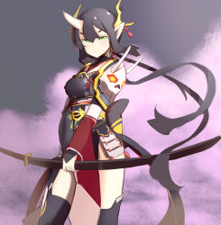 Rule 34 | 1girl, :&lt;, absurdres, aosora kamiya, armor, black hair, black thighhighs, borrowed character, closed mouth, floating hair, green eyes, hair between eyes, highres, holding, holding sword, holding weapon, horns, japanese armor, katana, kusazuri, long hair, looking at viewer, low twintails, oni horns, original, pauldrons, pixiv fantasia, pixiv fantasia t, sheath, sheathed, shoulder armor, single horn, solo, sword, thighhighs, twintails, weapon