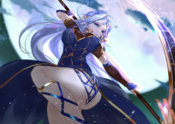 Rule 34 | 1girl, bare legs, blue dress, blue eyes, breasts, character request, dress, elbow gloves, epic seven, fingerless gloves, gloves, hair ornament, highres, holding, holding scythe, holding weapon, large breasts, long hair, moon, parted bangs, parted lips, scythe, silver hair, sky, smile, solo, vardan, weapon