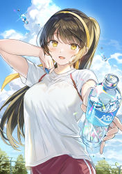 Rule 34 | &quot;rouhou&quot; ore no iinazuke ni natta jimiko ie dewa kawaii shikanai., 1girl, black hair, bottle, breasts, cloud, commentary, cowboy shot, cumulonimbus cloud, dot nose, fence, gym uniform, hairband, hand up, highres, holding, holding bottle, large breasts, long hair, looking at viewer, open mouth, outdoors, outstretched hand, rainbow gradient, red shorts, shirt, short sleeves, shorts, sky, solo, tan (tangent), tree, watanae yuuka, water, water bottle, wet, white shirt, wiping sweat, yellow eyes