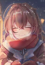 Rule 34 | 1girl, ahoge, alternate costume, blush, brown hair, closed eyes, coat, crossed bangs, double-parted bangs, fur coat, fur trim, glowing, hair between eyes, highres, hololive, hololive english, lamppost, mittens, multicolored hair, nanashi mumei, night, red scarf, ribbon, scarf, sidelocks, smile, snowing, streaked hair, virtual youtuber, weiiyxn, winter, winter clothes