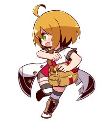Rule 34 | 1girl, ahoge, bag, black sailor collar, blush, brown hair, brown shorts, character request, dress, etrian odyssey, green eyes, hair between eyes, highres, naga u, open clothes, open dress, open mouth, red shirt, sailor collar, sailor dress, shirt, short hair, short shorts, short sleeves, shorts, shoulder bag, simple background, solo, standing, standing on one leg, striped clothes, striped thighhighs, thighhighs, v-shaped eyebrows, white background, white dress, white footwear