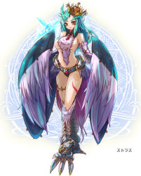 Rule 34 | 1girl, armor, ars goetia, bad id, bad pixiv id, blue hair, blush, breasts, brooch, brown eyes, crown, facial mark, feathers, harpy, jewelry, large breasts, long hair, looking at viewer, lots of jewelry, magic circle, monster girl, original, queen, sideboob, solo, sud (sudea), tattoo, winged arms, wings
