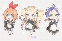 Rule 34 | 3girls, :d, :o, ahoge, alternate costume, beatrice (re:zero), blonde hair, blue eyes, blush, bow hairband, braid, butterfly-shaped pupils, chibi, commentary request, cup, dress, drill hair, enmaided, eyelashes, frills, green eyes, hair between eyes, hairband, holding, holding tray, long hair, long sleeves, looking at viewer, maid, maid headdress, meili portroute, multiple girls, open mouth, orange hair, pantyhose, parupin, petra leyte, re:zero kara hajimeru isekai seikatsu, shoes, sidelocks, smile, symbol-shaped pupils, teacup, teapot, tray, twin drills, twintails, white legwear