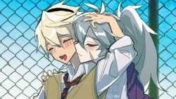 Rule 34 | 2boys, alternate costume, alternate hairstyle, arm up, bennett (genshin impact), blonde hair, blush, chain-link fence, closed eyes, closed mouth, commentary request, day, fence, genshin impact, hair between eyes, highres, long hair, male focus, multiple boys, necktie, open mouth, outdoors, ponytail, razor (genshin impact), scar, scar on face, school uniform, shirt, striped, striped necktie, sweater vest, twitter username, u0rei, white shirt, yaoi