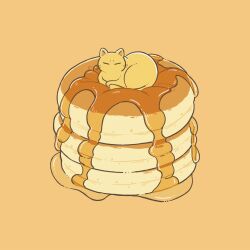 Rule 34 | animal, cat, closed eyes, commentary request, facing viewer, flat color, food, food focus, highres, honey, iguana taisa, no humans, original, pancake, pancake stack, simple background, yellow background, yellow cat