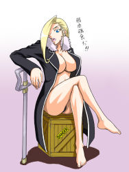 Rule 34 | 1girl, blonde hair, blue eyes, box, breasts, covering privates, crossed legs, feet, female focus, full body, fullmetal alchemist, gradient background, hair over one eye, large breasts, lips, long hair, looking at viewer, military, military uniform, no bra, olivier mira armstrong, open mouth, panties, shadow, sitting, solo, sword, toes, translation request, underwear, uniform, weapon, white background