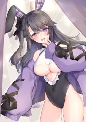Rule 34 | 1girl, :d, absurdres, animal ears, azur lane, bare shoulders, black hair, black leotard, bow, breasts, chan&#039;nu, clothing cutout, covered navel, cowboy shot, fake animal ears, frilled leotard, frills, hair bow, hair ornament, hairband, hairclip, hand to own mouth, has bad revision, has downscaled revision, highleg, highleg leotard, highres, jacket, large breasts, leotard, long hair, looking at viewer, md5 mismatch, off shoulder, one side up, open clothes, open jacket, open mouth, pamiat merkuria (azur lane), puffy sleeves, purple eyes, purple jacket, rabbit ears, raised eyebrow, resolution mismatch, skindentation, smile, smug, solo, source smaller, standing, thighs, underboob, underboob cutout