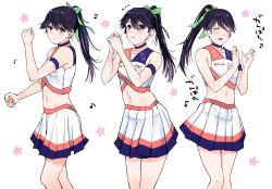 Rule 34 | 1girl, alternate costume, black eyes, black hair, cheerleader, choker, clapping, closed eyes, commentary request, crop top, dancing, eighth note, flying sweatdrops, green ribbon, hair ribbon, highres, houshou (kancolle), kantai collection, looking at viewer, magai akashi, midriff, multicolored clothes, multiple views, musical note, pleated skirt, purple choker, ribbon, shirt, skirt, sleeveless, sleeveless shirt, smile, white background