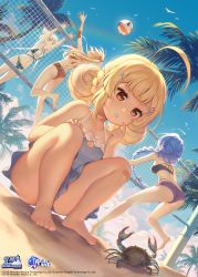 Rule 34 | 4girls, absurdres, ahoge, animal, animal ear fluff, animal ears, anniversary, arms up, ass, azur lane, ball, bandaid, bandaid on knee, bandaid on leg, bare arms, bare legs, bare shoulders, barefoot, beach volleyball, bikini, biloxi (azur lane), bird, black bikini, blonde hair, blue one-piece swimsuit, blue sky, braid, breasts, brown bikini, casual one-piece swimsuit, character name, child, cleveland (azur lane), clothes writing, collarbone, commentary, copyright name, crab, day, double bun, drooling, eldridge (azur lane), english commentary, hair bun, hair ornament, hair ribbon, hairclip, hand on own knee, hand up, highres, jumping, leaning forward, long hair, low twintails, medium breasts, montpelier (azur lane), mouth drool, multi-strapped bikini, multiple girls, navel, official art, one-piece swimsuit, one side up, outdoors, palm tree, parted lips, playing sports, purple hair, purple shorts, red ribbon, ribbon, shirt, short shorts, shorts, sidelocks, single braid, sky, small breasts, soles, squatting, star (symbol), star hair ornament, starbottle, sweat, swimsuit, thighs, toenails, tree, twin braids, twintails, very long hair, volleyball, volleyball (object), volleyball net, white shirt