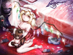 Rule 34 | 1girl, barefoot, bed, blanket, blonde hair, bottomless, bouquet, bow, broken, collarbone, crying, hugging doll, flandre scarlet, flower, glowing, glowing eyes, hair ribbon, hat, hat bow, hoshibuchi, mob cap, naked shirt, hugging object, off shoulder, pillow, pink flower, pink rose, puppet, puppet strings, red eyes, ribbon, rose, shards, shirt, side ponytail, sitting, solo, strap slip, stuffed animal, stuffed rabbit, stuffed toy, tears, teddy bear, touhou, wariza, wings