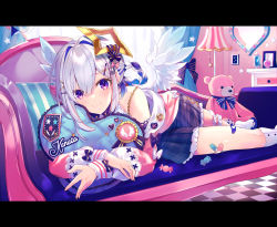 Rule 34 | 1girl, alternate costume, amane kanata, angel wings, black skirt, blue hair, blush, boots, bottle, braid, braided hair rings, checkered floor, closed mouth, colored inner hair, commentary, couch, crossed arms, curtains, eyelashes, foot out of frame, frilled skirt, frills, hair between eyes, hair intakes, hair ornament, hair rings, hairclip, half updo, halo, highres, hololive, hugging object, indoors, jacket, lampshade, letterboxed, looking at viewer, lying, medium hair, miniskirt, mirror, multicolored hair, off shoulder, official art, on side, perfume bottle, pillow, pillow hug, pink hair, pink jacket, plaid, plaid skirt, purple eyes, saine, silver hair, skirt, smile, solo, streaked hair, striped pillow, stuffed animal, stuffed toy, teddy bear, thigh strap, virtual youtuber, white footwear, window, wings, x hair ornament