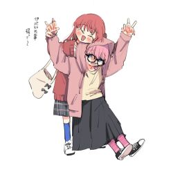 Rule 34 | 2girls, :d, bag, bespectacled, black footwear, black skirt, blue eyes, blue socks, blush, bocchi the rock!, closed eyes, commentary, d3g takahashi, double v, glasses, gloom (expression), gotoh hitori, hair between eyes, holding another&#039;s wrist, hood, hood up, jacket, kita ikuyo, leaning on person, long sleeves, multiple girls, open clothes, open jacket, open mouth, pink hair, pink jacket, pink socks, plaid, plaid skirt, red hair, red sweater, shirt, shoulder bag, simple background, skirt, smile, socks, standing, sweatdrop, sweater, translation request, v, white background, white footwear, yellow shirt, yuri