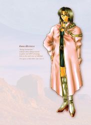 Rule 34 | 1girl, artbook, artist request, belt, boots, breasts, character name, choker, cleavage, coat, concept art, emma hetfield, english text, expressionless, full body, glasses, green eyes, green hair, looking at viewer, matching hair/eyes, official art, open clothes, open coat, short hair, solo, standing, text focus, thigh boots, thighhighs, wild arms