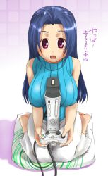 Rule 34 | 00s, 1girl, ahoge, barefoot, between breasts, blue hair, breasts, female focus, game console, highres, idolmaster, idolmaster (classic), idolmaster 1, large breasts, long hair, miura azusa, open mouth, playing games, purple eyes, sexually suggestive, solo, text focus, translated, ttomm, video game, xbox, xbox360, xbox 360