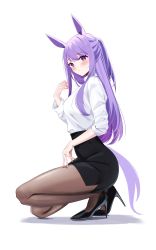 Rule 34 | 1girl, absurdres, animal ears, black footwear, blush, braid, breasts, brown pantyhose, conconcon1031, formal, high-waist skirt, high heels, highres, horse ears, horse girl, horse tail, long hair, long sleeves, mejiro mcqueen (umamusume), office lady, on one knee, pantyhose, patent heels, pencil skirt, pumps, purple eyes, purple hair, shoes, skirt, skirt suit, solo, stiletto heels, suit, tail, thighs, umamusume, white background