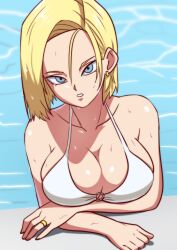 Rule 34 | 1girl, absurdres, android 18, bare shoulders, bikini, blonde hair, blue eyes, bob cut, breasts, cleavage, crossed arms, dragon ball, dragonball z, etzelin, female focus, head tilt, highres, jewelry, large breasts, looking at viewer, medium hair, o-ring, o-ring bikini, parted lips, partially submerged, pool, ring, solo, swimsuit, upper body, water, wedding band, wet